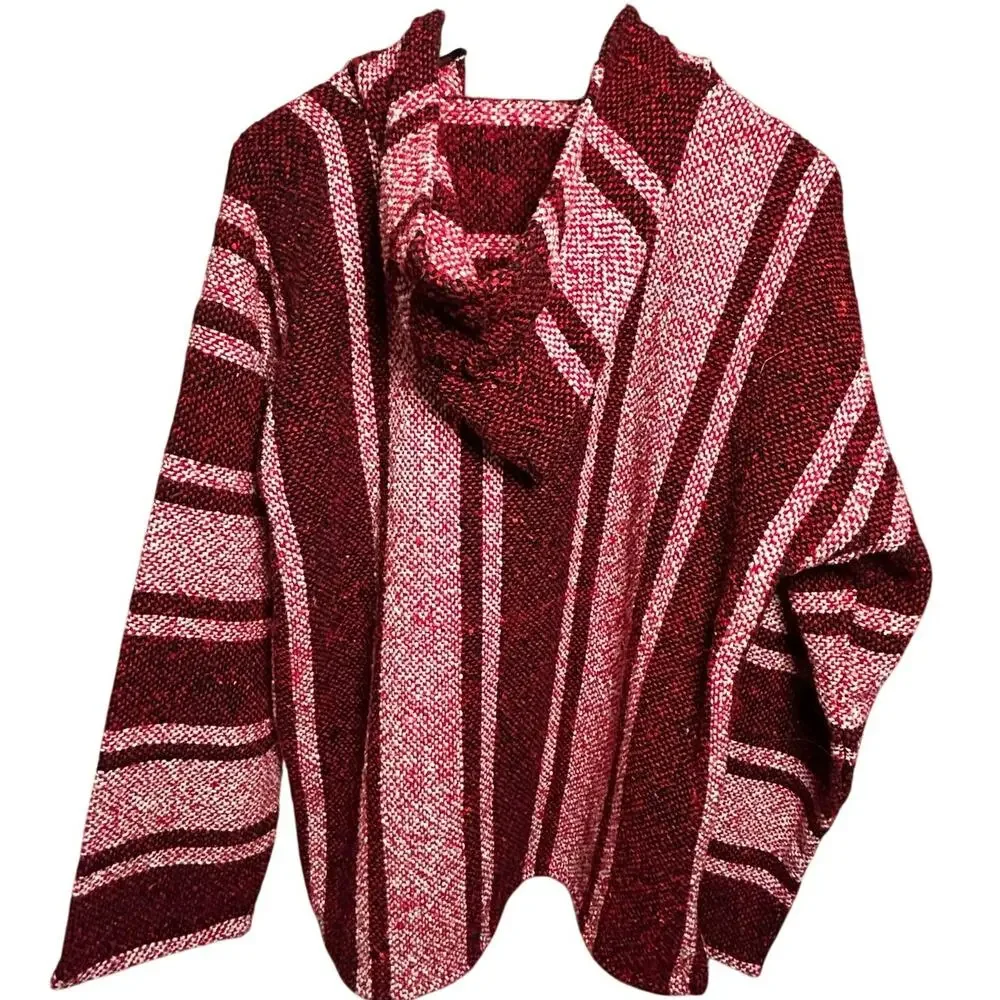 VTG Mexican Baja Hoodie Jerga Drug Rug Striped Red White Large Boho Gorpcore